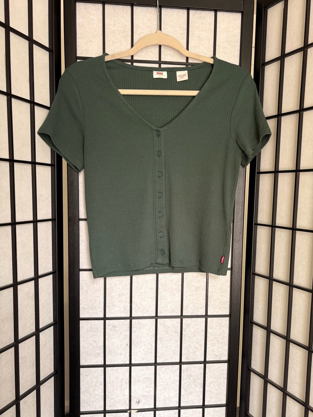 Levi's Forest Green Ribbed Button-Front Short Sleeve Top